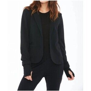 Womens Sundays Lise Blazer Jacket Open Front French Terry Thumbholes Black Sz S